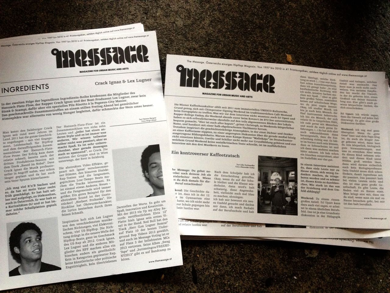 Ab und an auch gedruckt zu haben: The Message-Folder mit Interviews von Crack Ignaz und Weekend